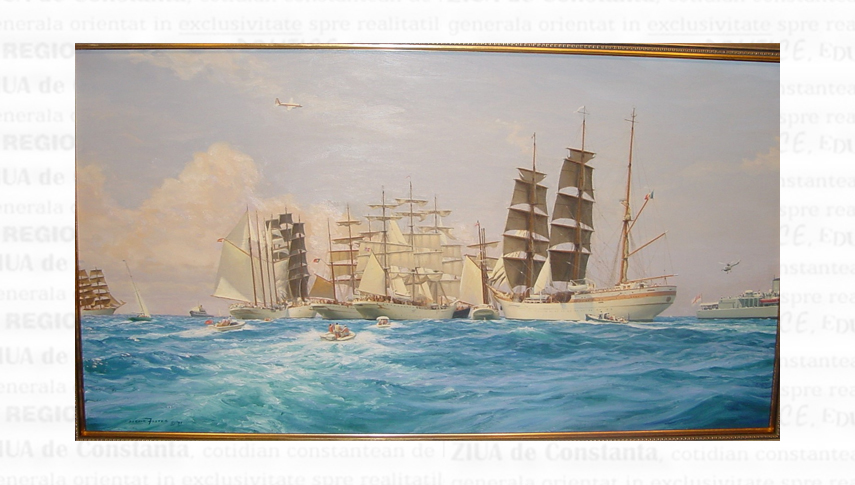 Tablou reprezentând nava „Gazela Primeiro” (în prezent „Gazela Philadelphia”), încercând să se strecoare printre „Mircea” (dreapta) și „Christian Radich” (stânga), înaintea startului în regata Bermuda – Newport. Colecția Leonard Mocanu