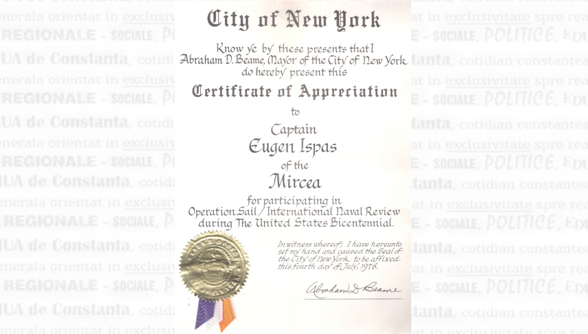 Certificat de apreciere pentru participarea la Operation Sail ’76, acordat de primarul orașului New York