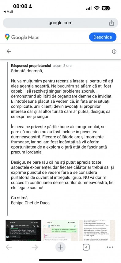 Răspunsul agenției de turism Chef de Ducă